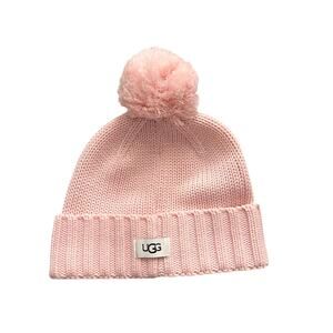 UGG Baby Pink Knit Beanie Hat Pom Pom Cozy Ribbed Winter Y2K Style Size S